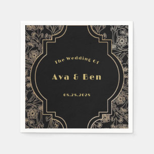 Serviette En Papier Mariage Art Déco Fleurs d'or Noir