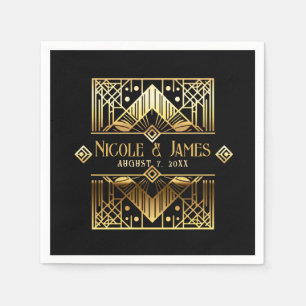 Serviette En Papier Mariage Art déco noir et or