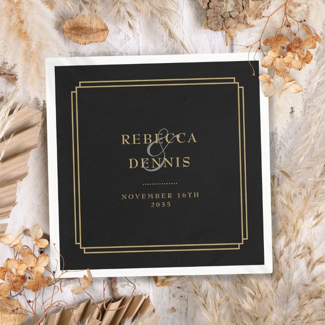 Serviette En Papier Mariage Art Déco Noir Et Or (Black And Gold Art Deco Wedding Napkins)
