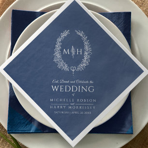 Serviette En Papier Mariage art monogramme ovale feuille blanc bleu fo