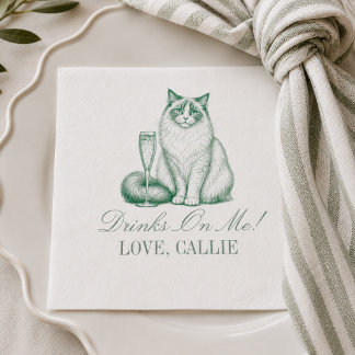 Serviette En Papier Mariage au Champagne avec un Chat Ragdoll Vert Sau