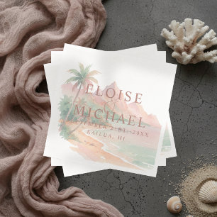 Serviette En Papier Mariage au coucher de soleil tropical aquarelle su