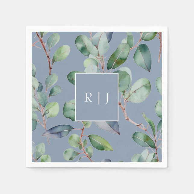 Serviette En Papier Mariage au Monogramme de Eucalyptus Bleu Poussiére (Devant)