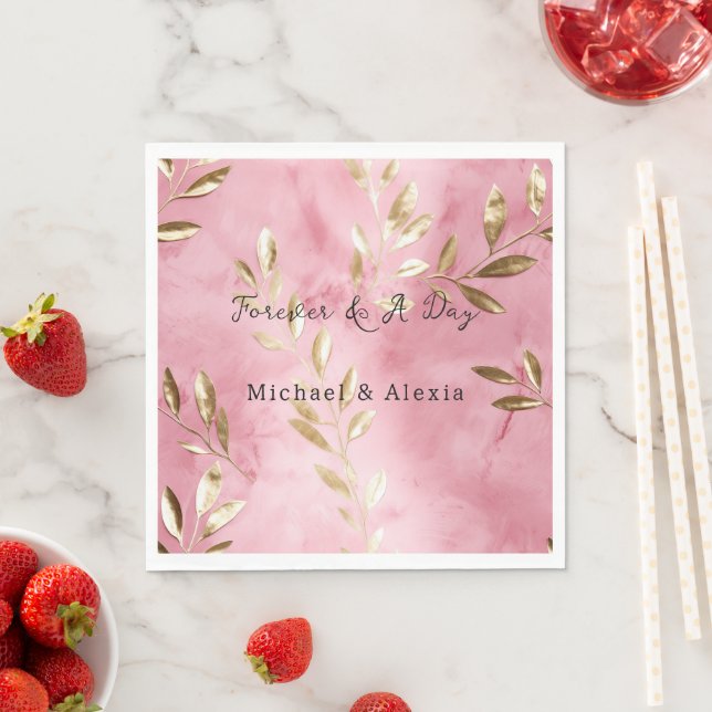 Serviette En Papier Mariage aux Feuilles d'Or Rose (En situation)