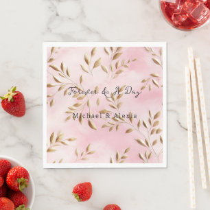 Serviette En Papier Mariage aux feuilles dorées rose carmin