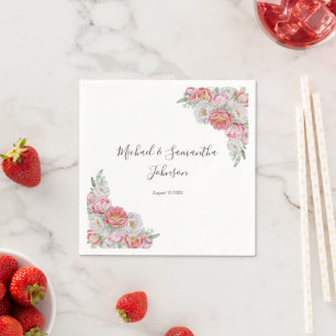 Serviette En Papier Mariage aux Pivoines Roses et Blanches