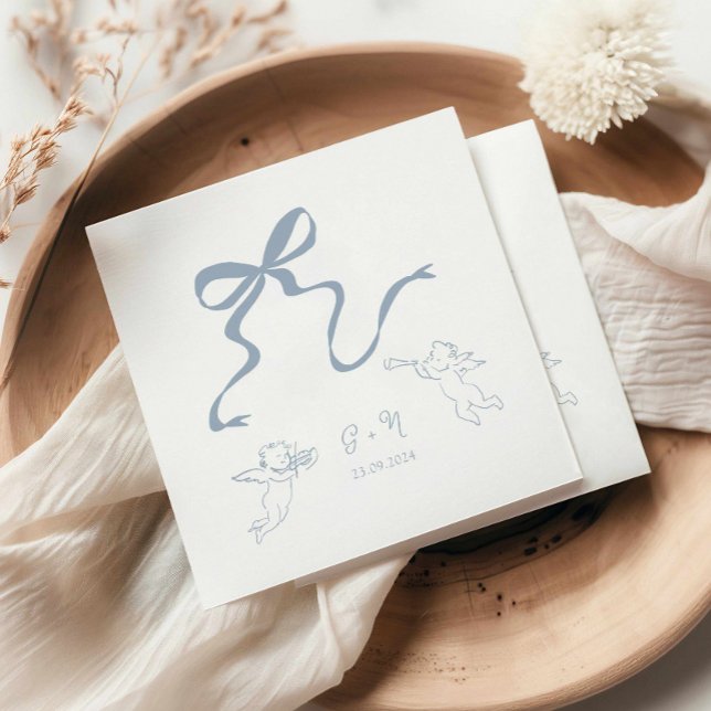 Serviette En Papier Mariage blanc blanc blanc blanc (hand drawn bow dusty blue wedding cocktail napkin, cherub illustration cocktail napkin)