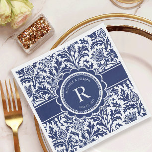 Serviette En Papier Mariage bleu et blanc William Morris Monogram