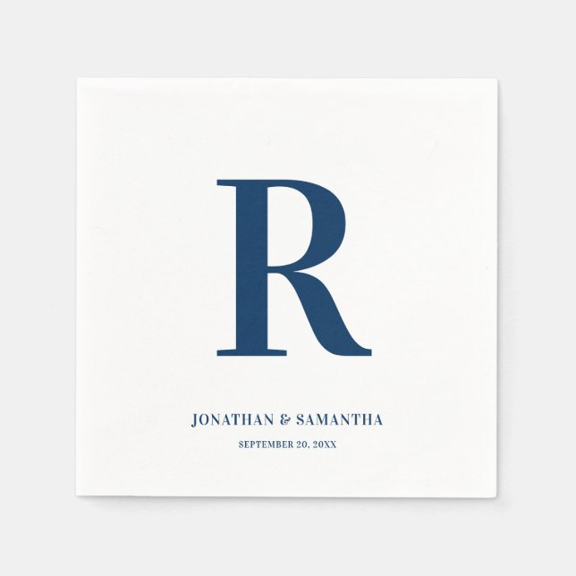 Serviette En Papier Mariage bleu foncé et blanc Monogramme moderne (Devant)