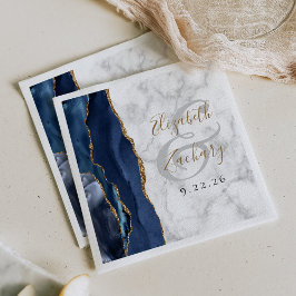 Serviette En Papier Mariage bleu marine agate marbre or script