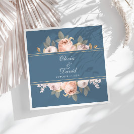 Serviette En Papier Mariage Bohème Bleu et Pivoines Roses
