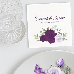 Serviette En Papier Mariage Bohème Chic Roses Aquarelle Violet Prune