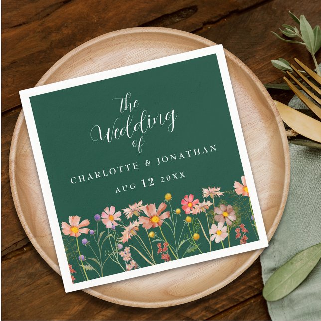 Serviette En Papier Mariage bohème floral vert de fleurs sauvages (Personalized Wildflower boho floral green & elegant white script Wedding napkins meadow flowers)