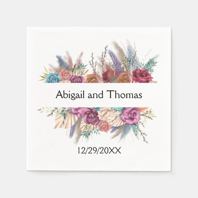 Serviette En Papier Mariage Bohème Personnalisé Tendance Florale  (Devant)