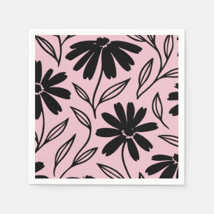 Serviette En Papier Mariage Bohème Rose Fleurs d'encre Noires