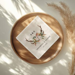 Serviette En Papier Mariage Bohème Rustique Monogramme Floral de Bois