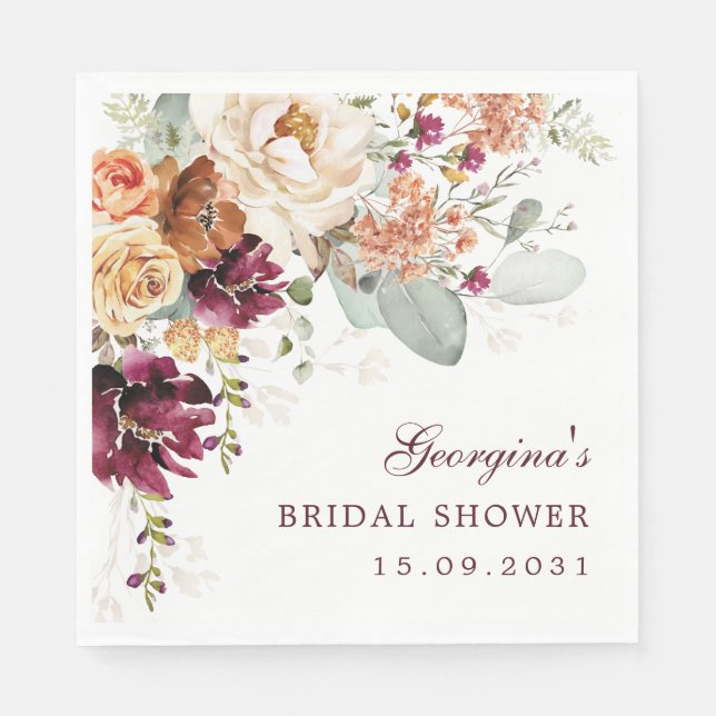 Serviette En Papier Mariage Bohème Terre Cuite Fleurs Marron (Devant)