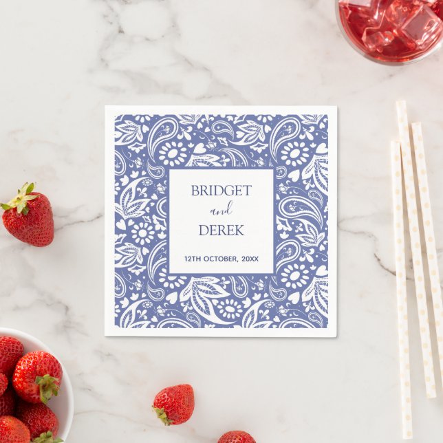 Serviette En Papier Mariage Boho Chic Bleu et Blanc Customisé (En situation)