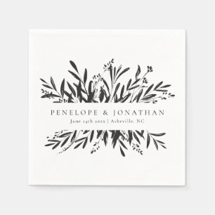 Serviette En Papier Mariage botanique personnalisé minimaliste noir et