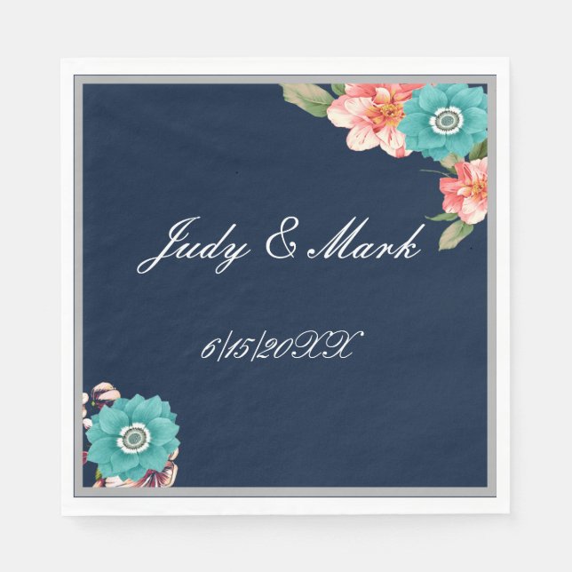 Serviette En Papier Mariage Botanique Romantique Bleu Et Rose (Devant)
