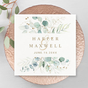 Serviette En Papier Mariage botanique vert et or