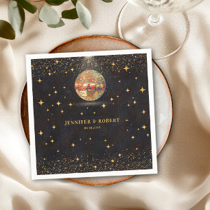 Serviette En Papier Mariage Boules Disco Pailletées Or Noir Chic Rétro