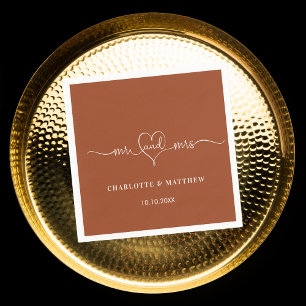 Serviette En Papier Mariage brûlé orange m. mrs coeur script simple