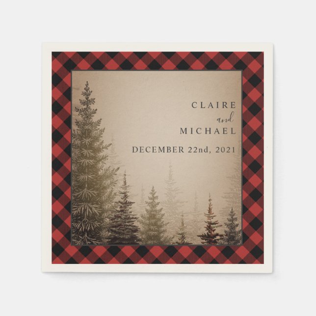 Serviette En Papier Mariage Buffalo Plaid Arbres À feuillage persistan (Devant)