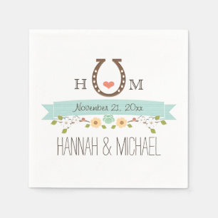 Serviette En Papier Mariage cardiaque Monogrammed Aqua Blue Horseshoe