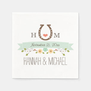 Serviette En Papier Mariage cardiaque Monogrammed Mint Green Horseshoe