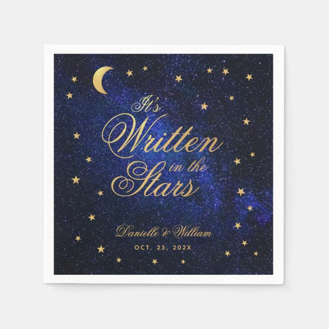 Serviette En Papier Mariage céleste écrit dans les étoiles Bleu & Or (Devant)