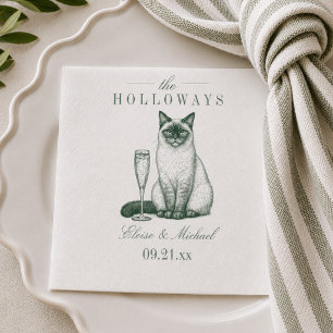 Serviette En Papier Mariage Champagne au Chat Siamois Vert Prépa Éléga