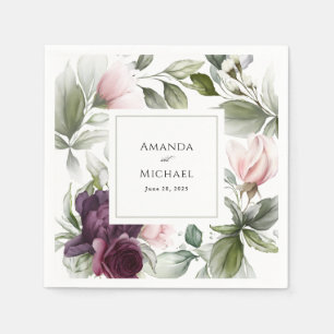 Serviette En Papier Mariage charme botanique aquarelle rose et prune 