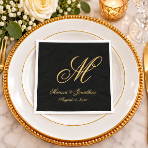 Serviette En Papier Mariage chic en or monogramme noir écriture