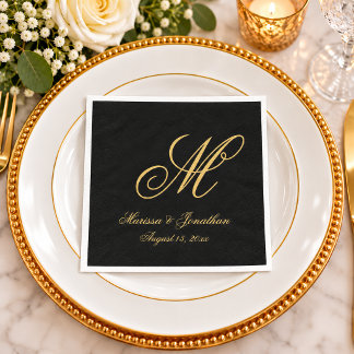 Serviette En Papier Mariage chic en or monogramme noir écriture