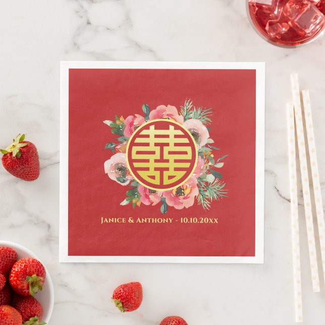 Serviette En Papier Mariage chinois moderne rose fleuri (En situation)