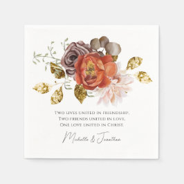 Serviette En Papier Mariage Chrétien Floral Orange Blush Or Brûlé