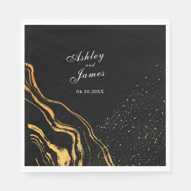 Serviette En Papier Mariage classique noir et or (Devant)