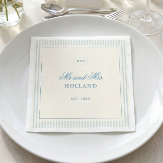 Serviette En Papier Mariage Classique Rayures Bleu Clair Monsieur et M