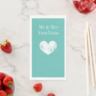 Serviette En Papier Mariage coeur bleu turquoise personnalisé