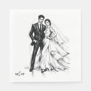 Serviette En Papier Mariage Couple Croquis Charbon Mode Moderne