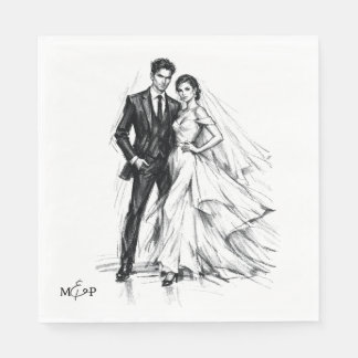 Serviette En Papier Mariage Couple Croquis Charbon Mode Moderne