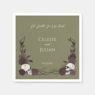 Serviette En Papier Mariage Crânes et Roses Brun Vert Olive jusqu'à la