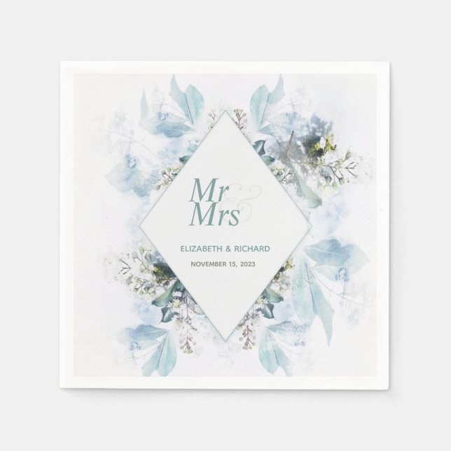 Serviette En Papier Mariage d'aquarelle bleu bleu foncé romantique (Devant)