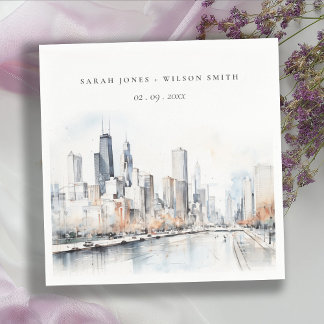 Serviette En Papier Mariage d'aquarelle de Chicago, Illinois City Scap