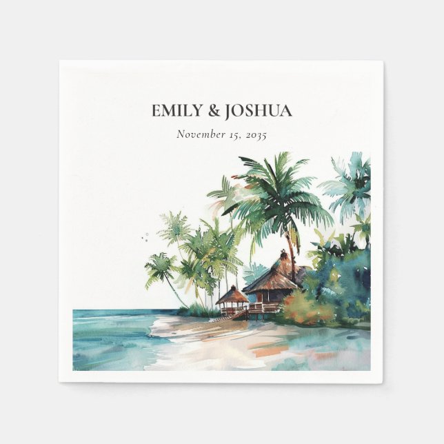 Serviette En Papier Mariage d'aquarelle de plage Tropical (Devant)