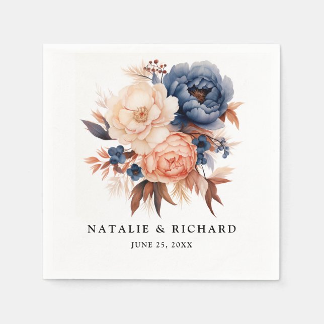Serviette En Papier Mariage d'aquarelle fleurie bleu et terre cuite (Devant)