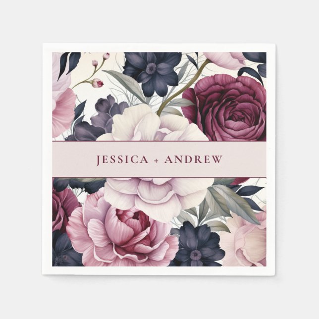 Serviette En Papier Mariage d'aquarelle florale de prune bordeaux (Devant)