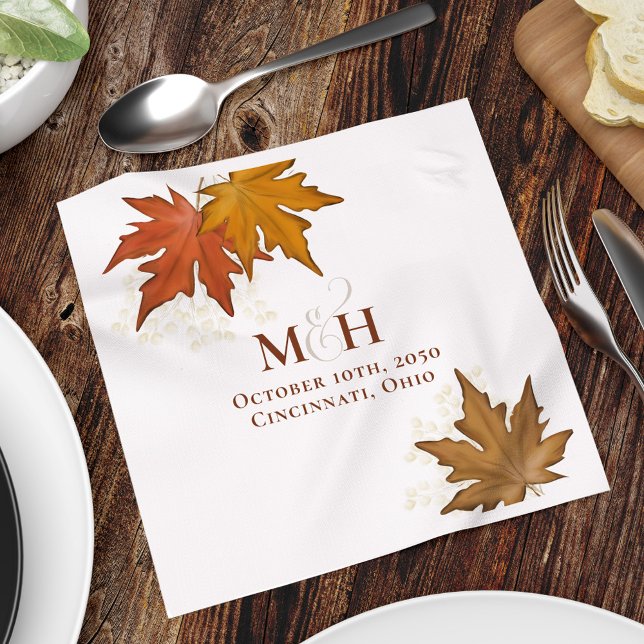 Serviette En Papier Mariage de automne Monogramme Feuilles (Fall Leaves watercolor monogram custom cocktail napkin,)