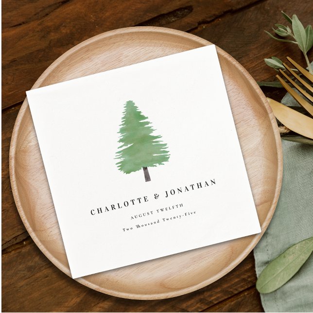 Serviette En Papier Mariage de bois de sapin d'aquarelle simple (Personalized elegant modern simple Woodland watercolor Wedding napkins)